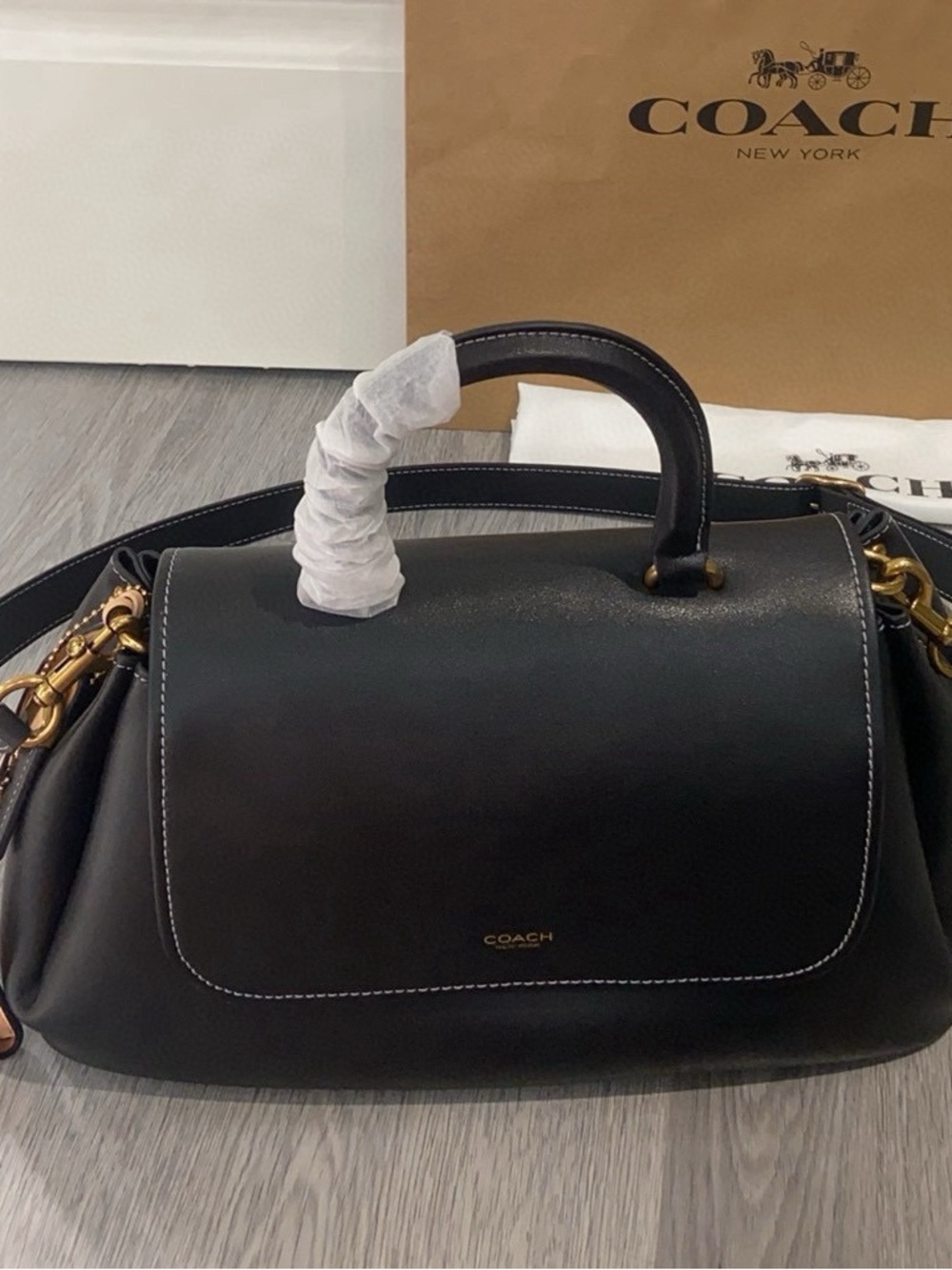 COACH Black Leather Top-Handle Shoulder Bag with Gold Hardware